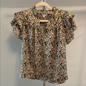 Floral Ruffle Sleeve Top - Green and Purple